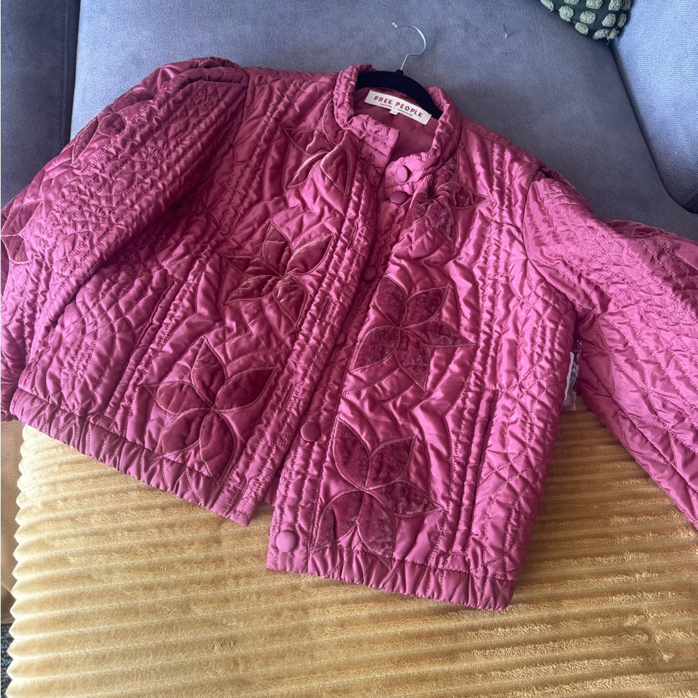 Free People Quilted Floral Embroidered Jacket in Deep Rose NWT